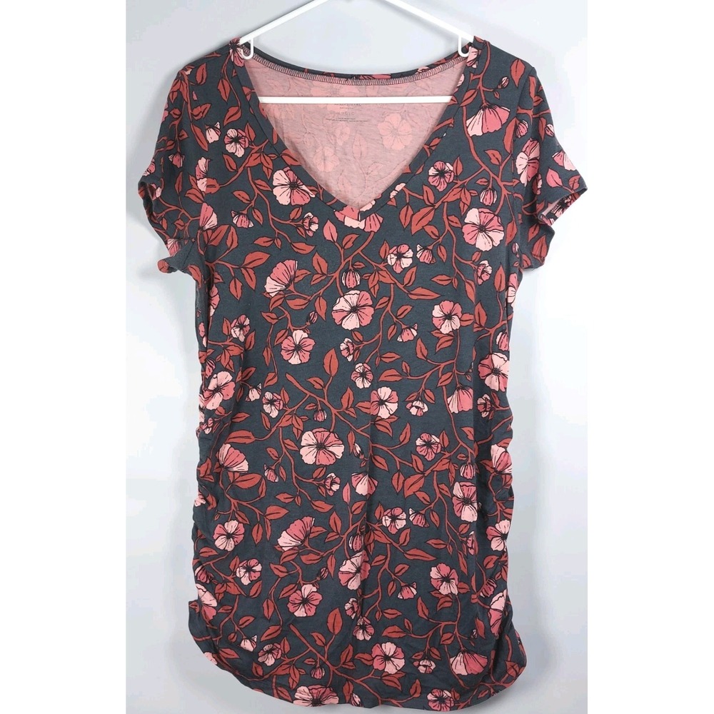 Motherhood Maternity Floral Short Sleeve‎ Top Sz Large Gray Pink Vneck